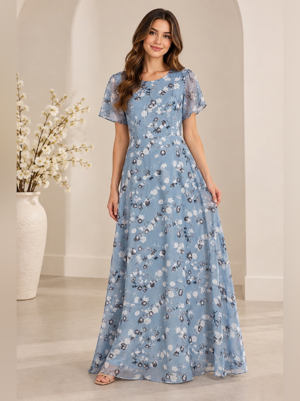 Blue Floral Flutter Sleeve Maxi Dress Size L New Without Tags